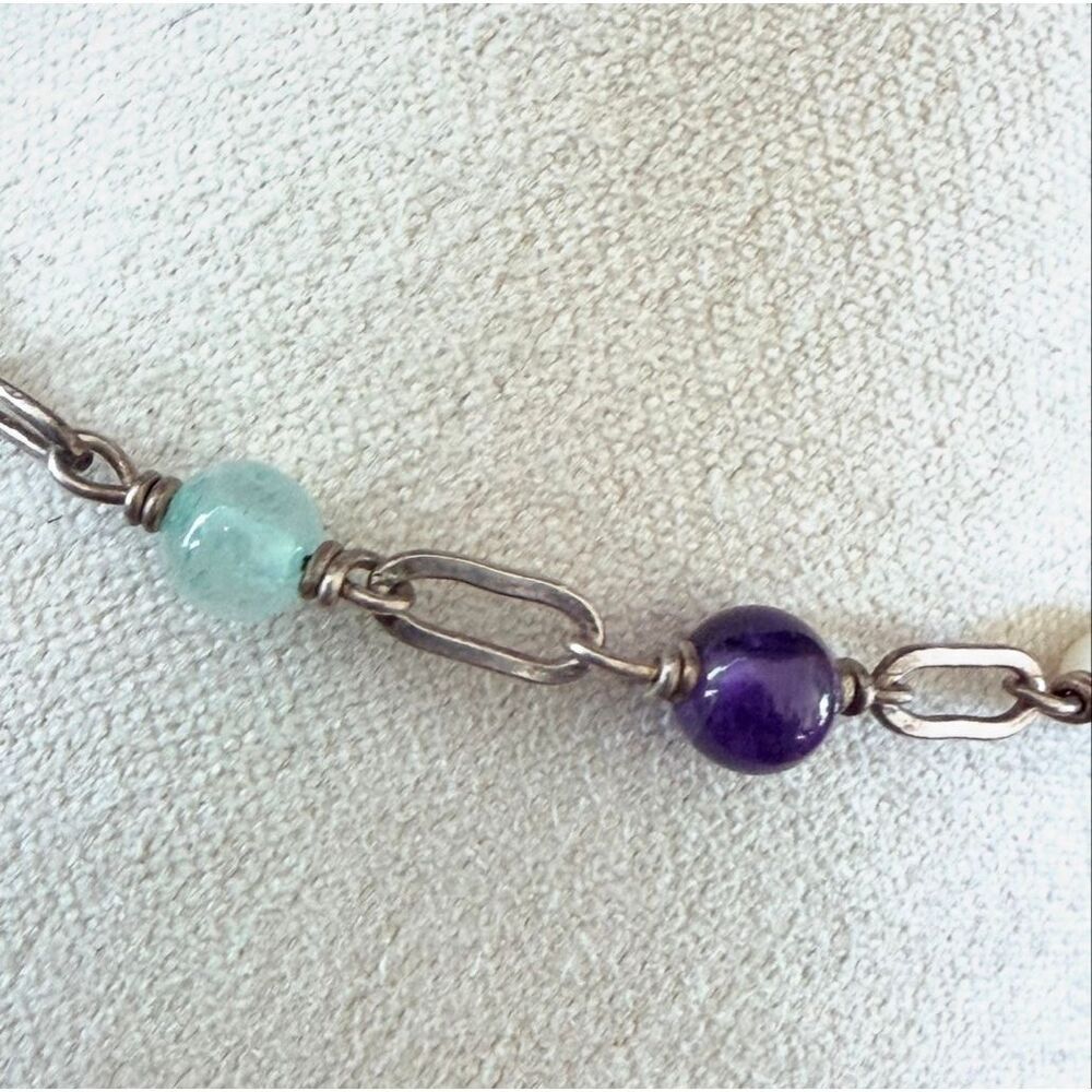 Sterling Silver Amethyst Aquamarine Freshwater Pearl Link Bracelet - Picture 5 of 9